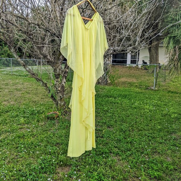 Vintage Yellow Goddess Long Dress with Chiffon Drape and Waist Tie - X-Small? - Picture 2 of 16